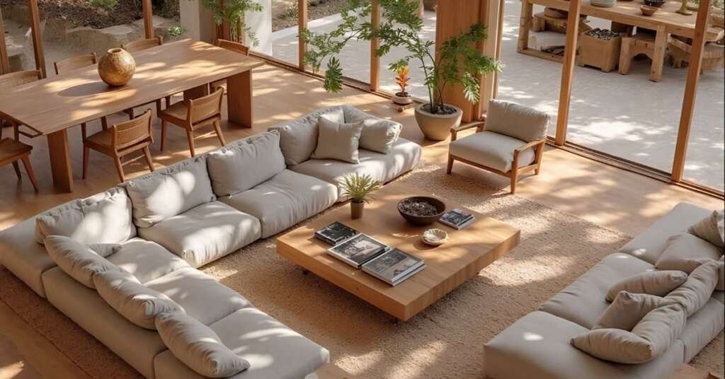 small apartment design ideas. elegant neutral-toned apartment living room with soft lighting and modern luxury styling.