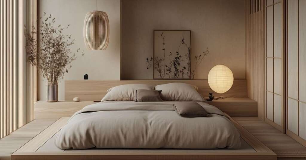 japandi interiors bedroom with warm lighting and soft neutral textures.