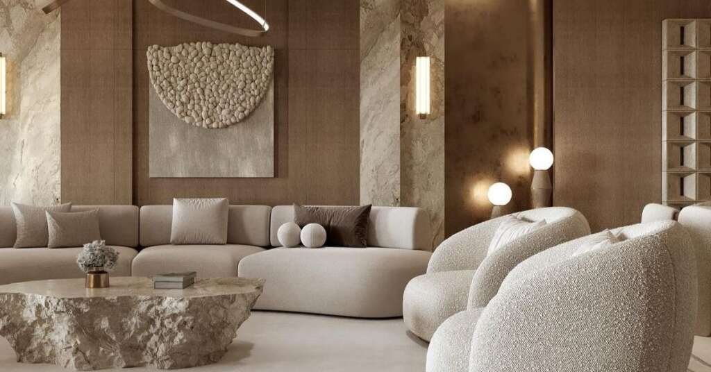 8 Celebrity Living Room Design Ideas You Can Actually Use At Home 3 warm modern living room with elegant textures and understated luxury styling.