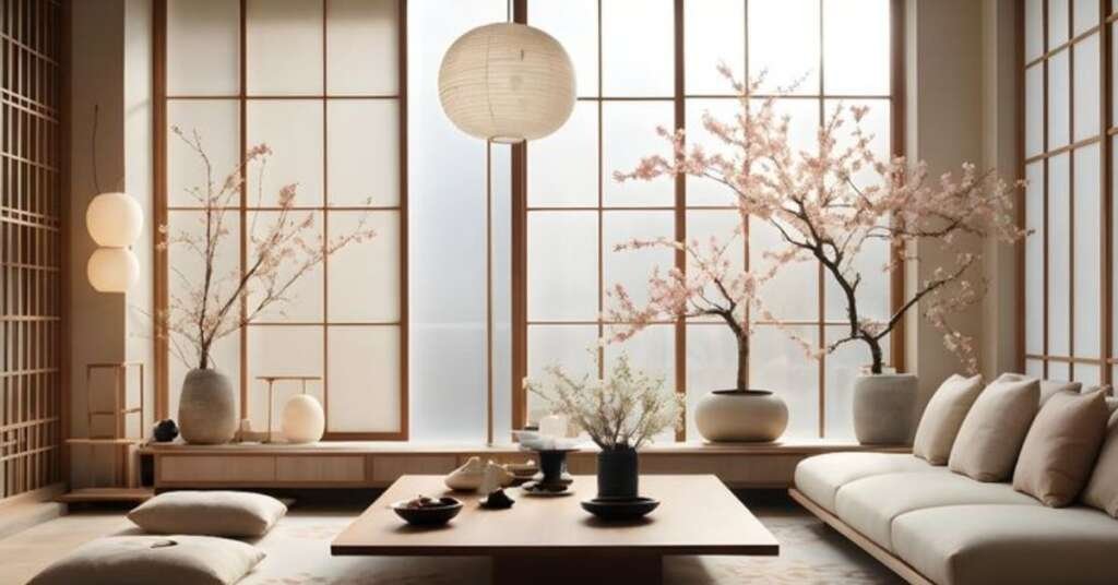 close-up of natural wood textures, linen fabrics and ceramic decor in a japandi-style interior.