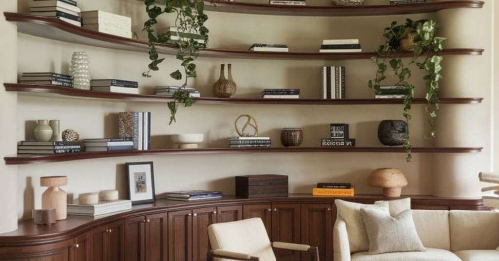 minimal shelf styling with ceramic vases, books, and natural decor elements.