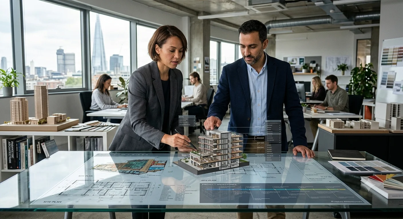 Architects and Interior Designers Reviewing AI Floor Plans and 3D Models in a Modern Studio