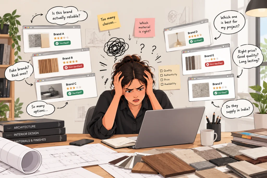 Frustrated architect searching for reliable architectural and interior design products while comparing brands, materials, product quality and authenticity.