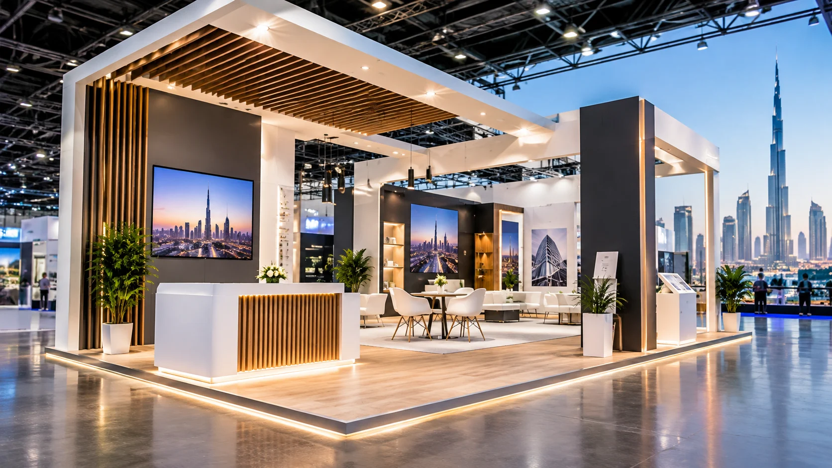 Modern exhibition stand in Dubai with contemporary booth design and lighting
